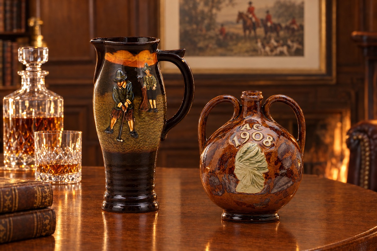 A Royal Doulton Kingsware golfers jug and an Indian Head whiskey bottle on an oak table