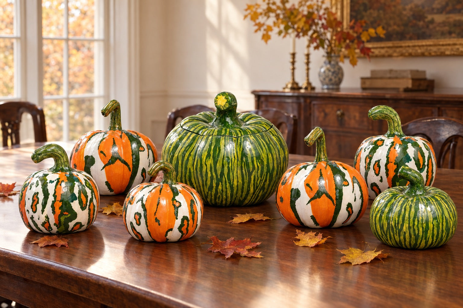 Hand painted ceramic pumpkins on a walnut table with autumn leaves