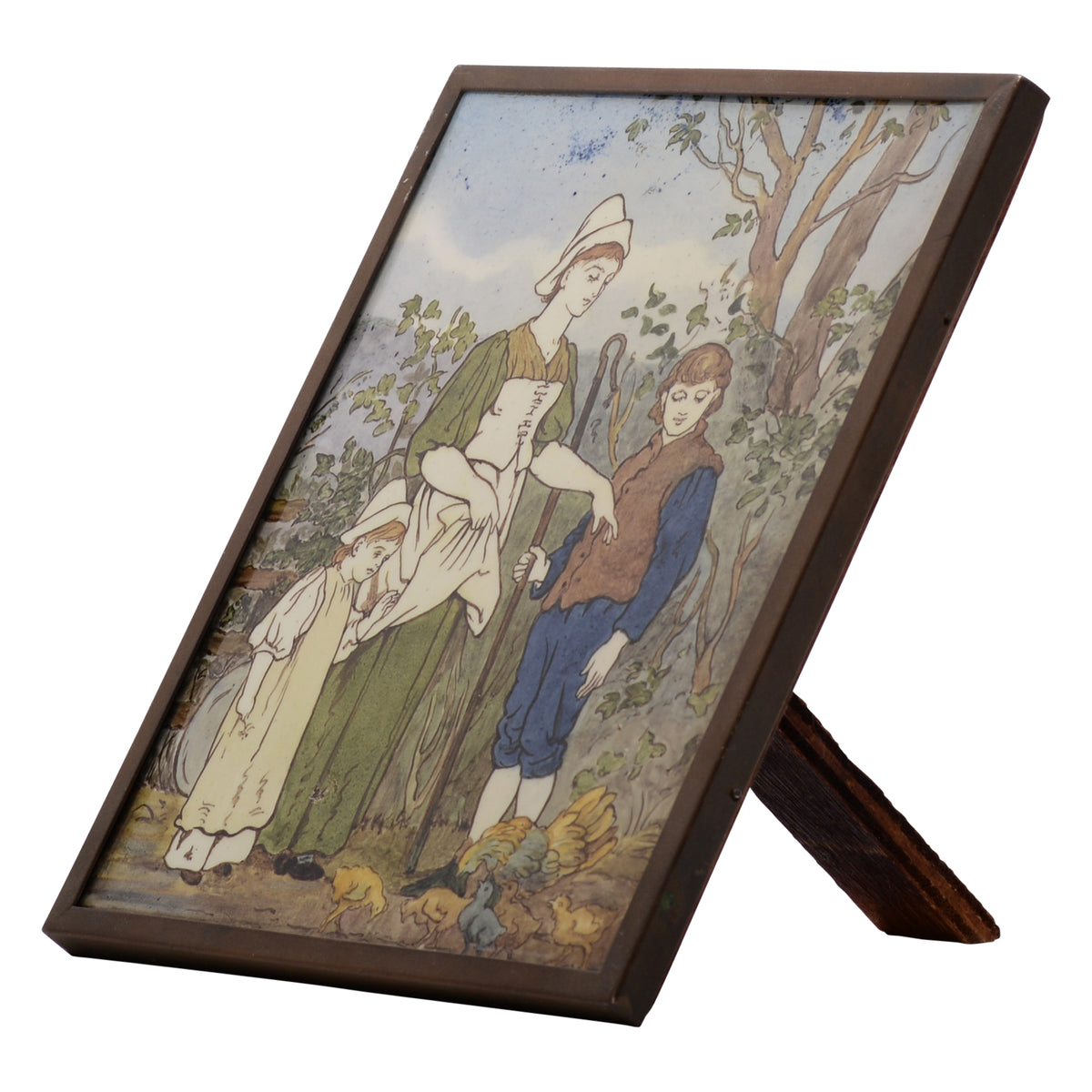 Woman with shepherd boy and her daughter feeding chickens plaque