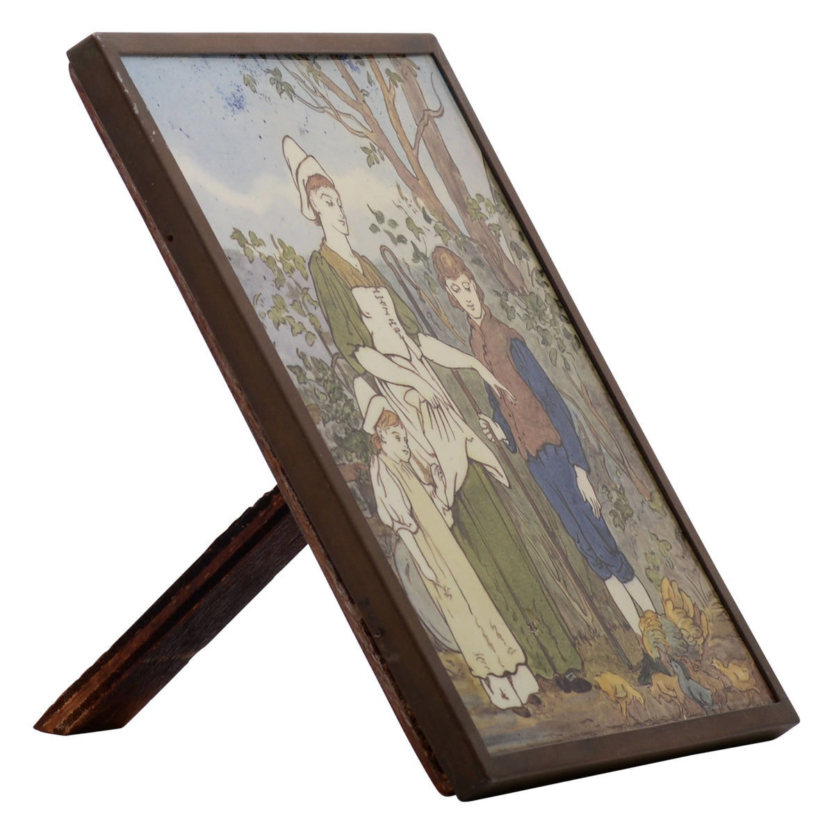 Woman with shepherd boy and her daughter feeding chickens plaque