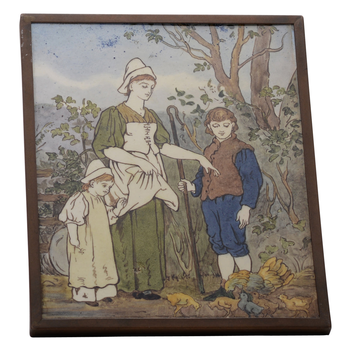 Woman with shepherd boy and her daughter feeding chickens plaque