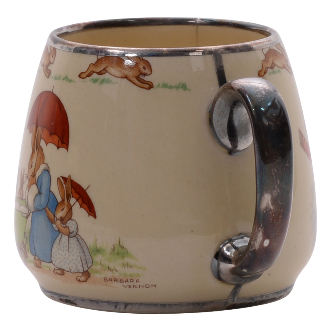 Under umbrella plated ring &amp; handle bunnykin mug As Is