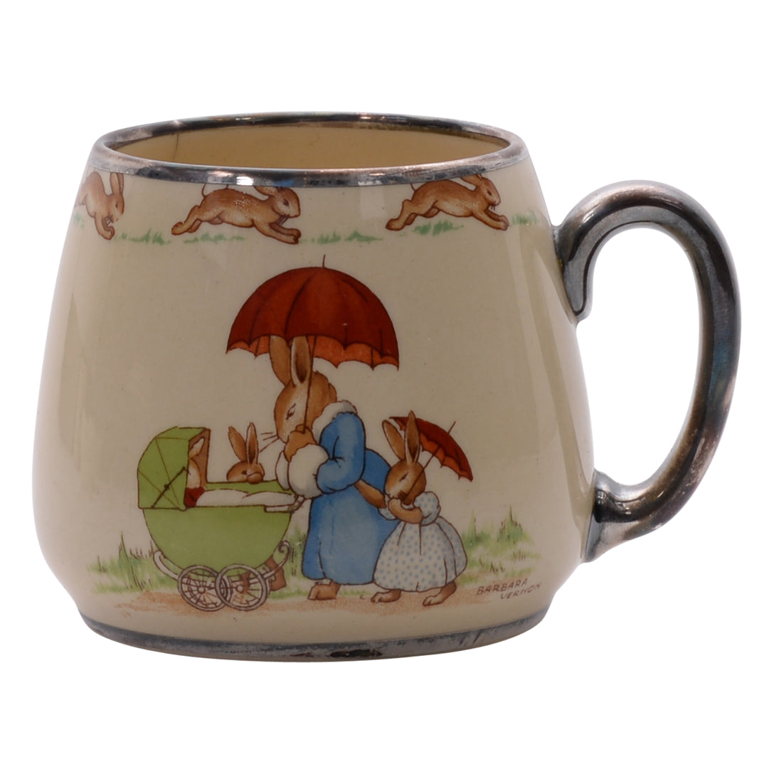 Under umbrella plated ring &amp; handle bunnykin mug As Is