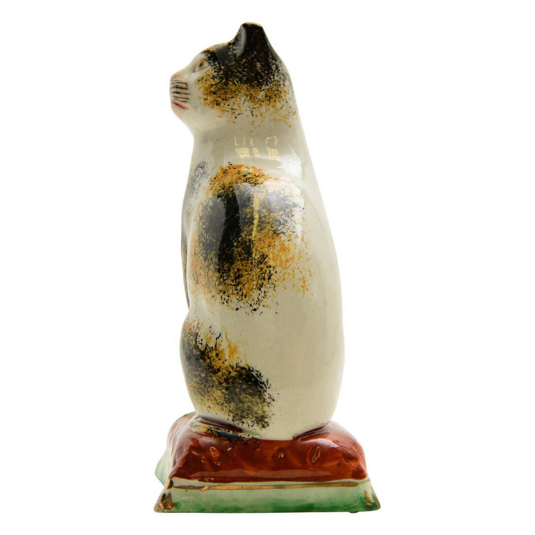 Antique Cat FIgurine-Tabby Markings-Crimson Cushion Circa 1870