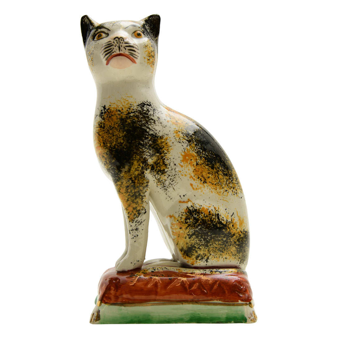 Antique Cat FIgurine-Tabby Markings-Crimson Cushion Circa 1870