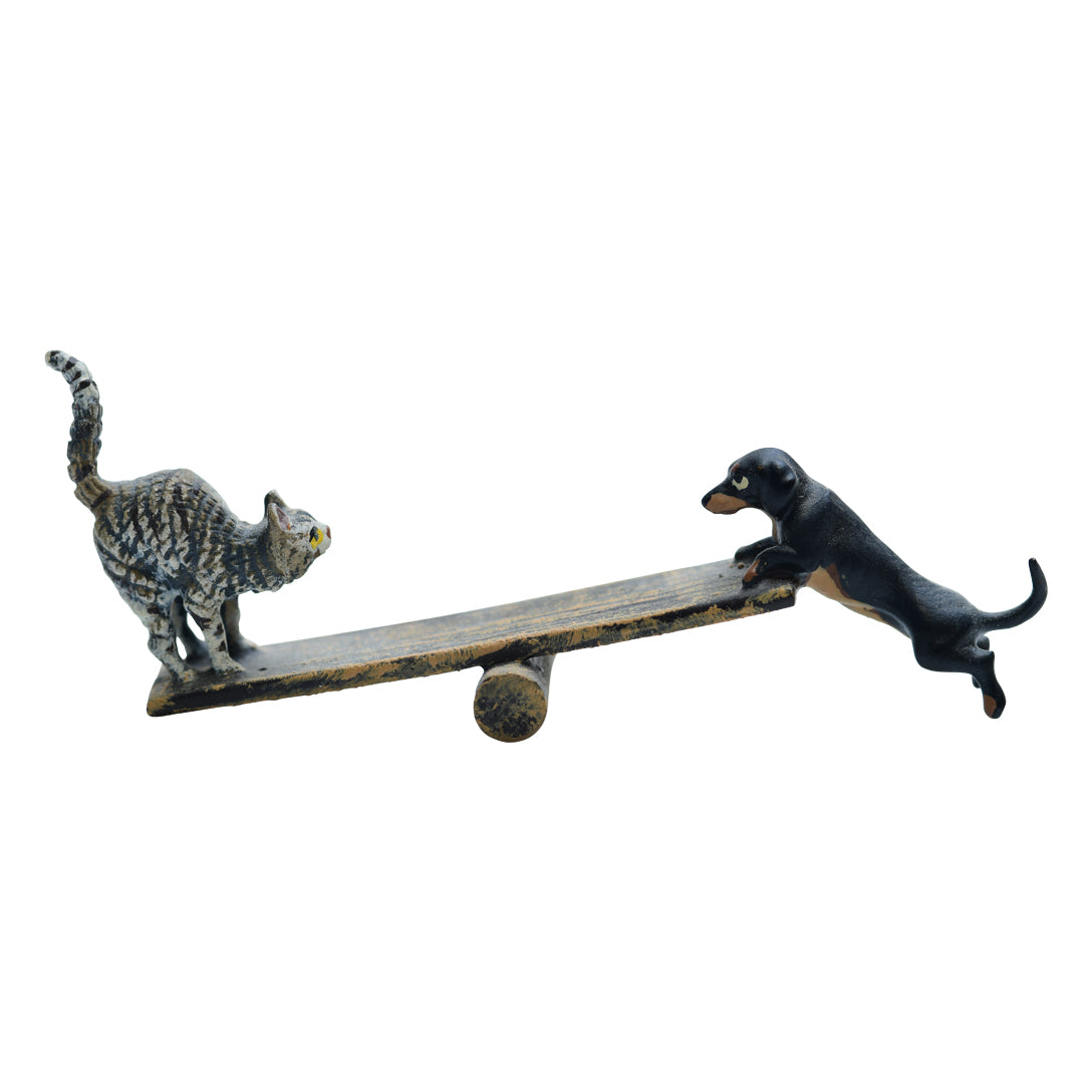 Fritz-Bearmann Vienna Antique Miniature Bronze Seesaw Cat &amp; Dog