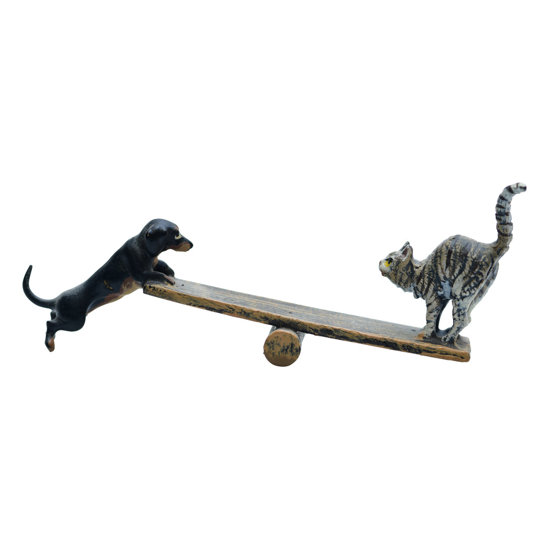 Fritz-Bearmann Vienna Antique Miniature Bronze Seesaw Cat &amp; Dog