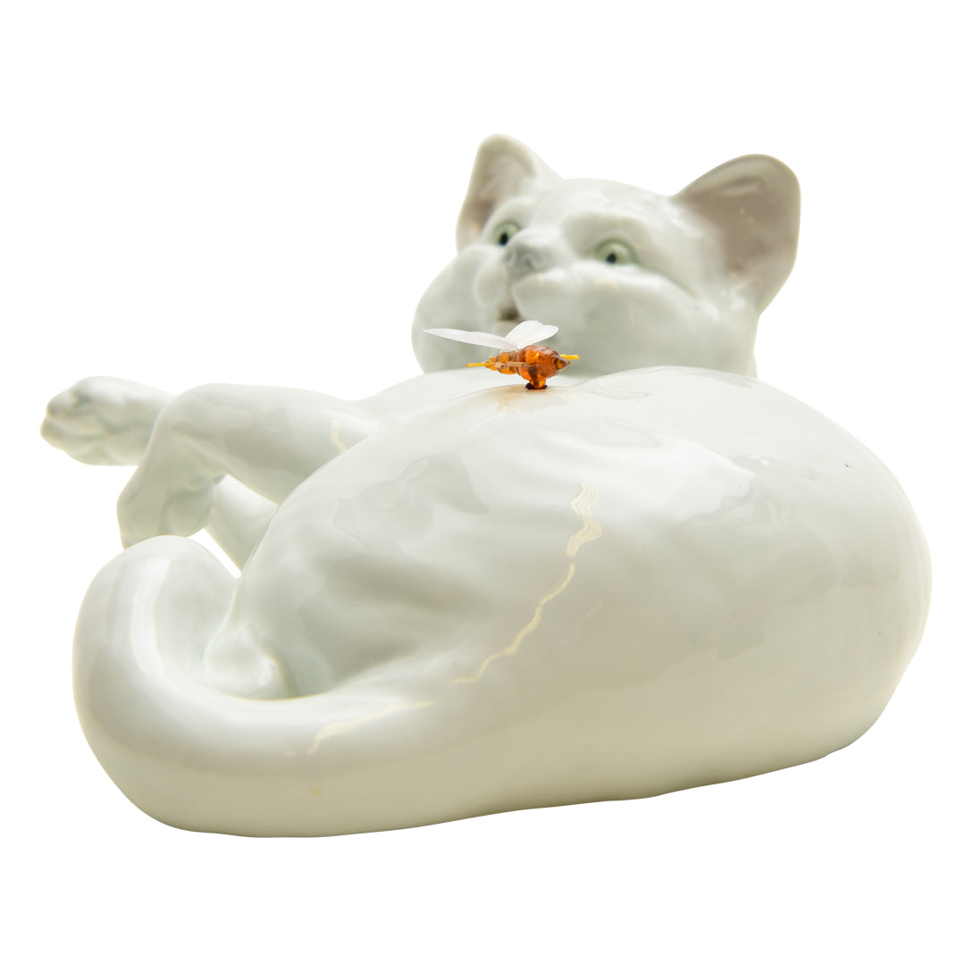 Gebruder Heubach Germany Cat Figurine with Bee  1882-1915