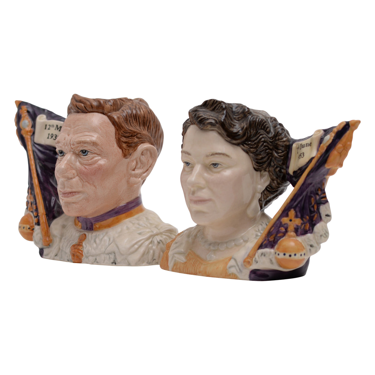 Pair of George VI & Queen Elizabeth II character jugs