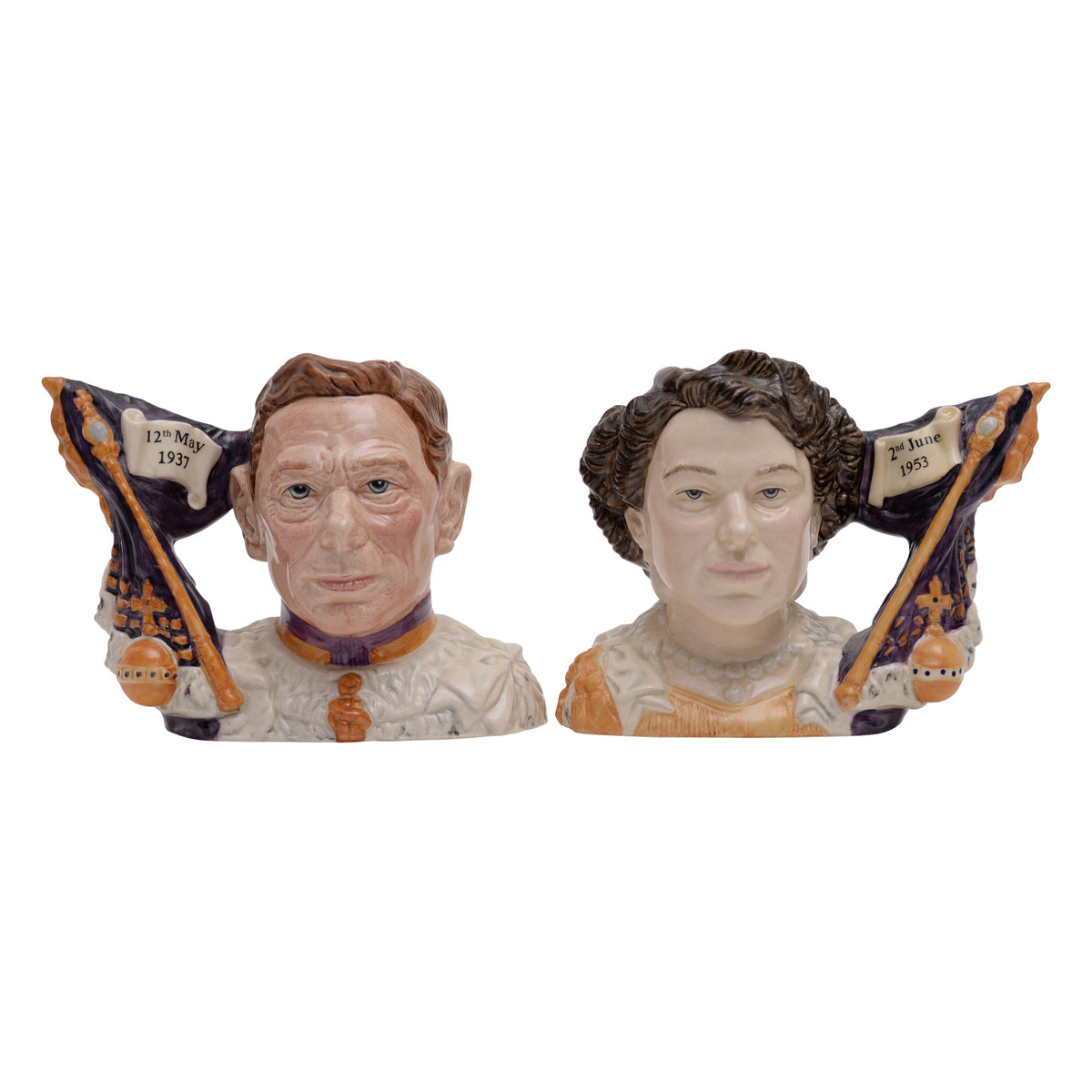 Pair of George VI & Queen Elizabeth II character jugs