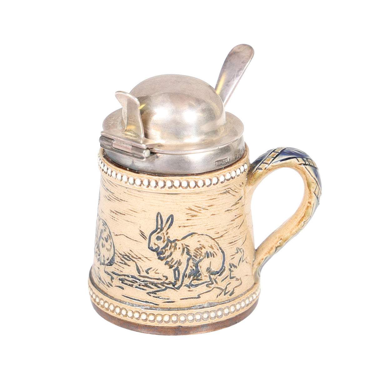 Silver mounted stoneware mustard pot
