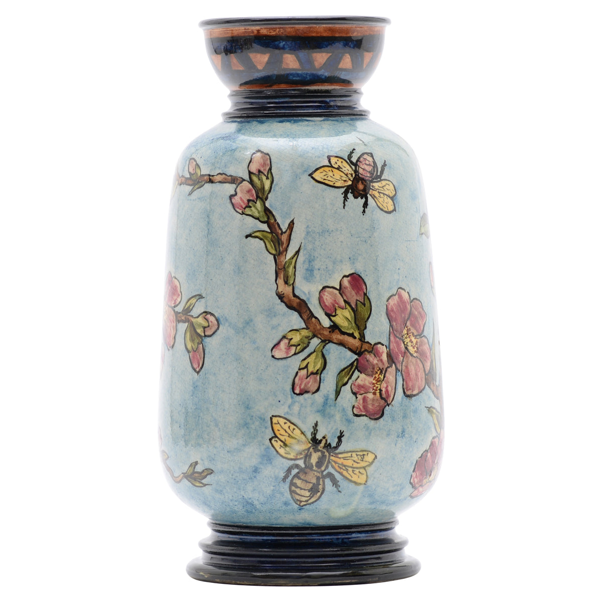 Vases,pair,bumblebee,faience,8", blue/green background,rose colored flowers,