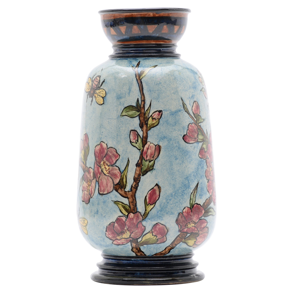 Vases,pair,bumblebee,faience,8", blue/green background,rose colored flowers,