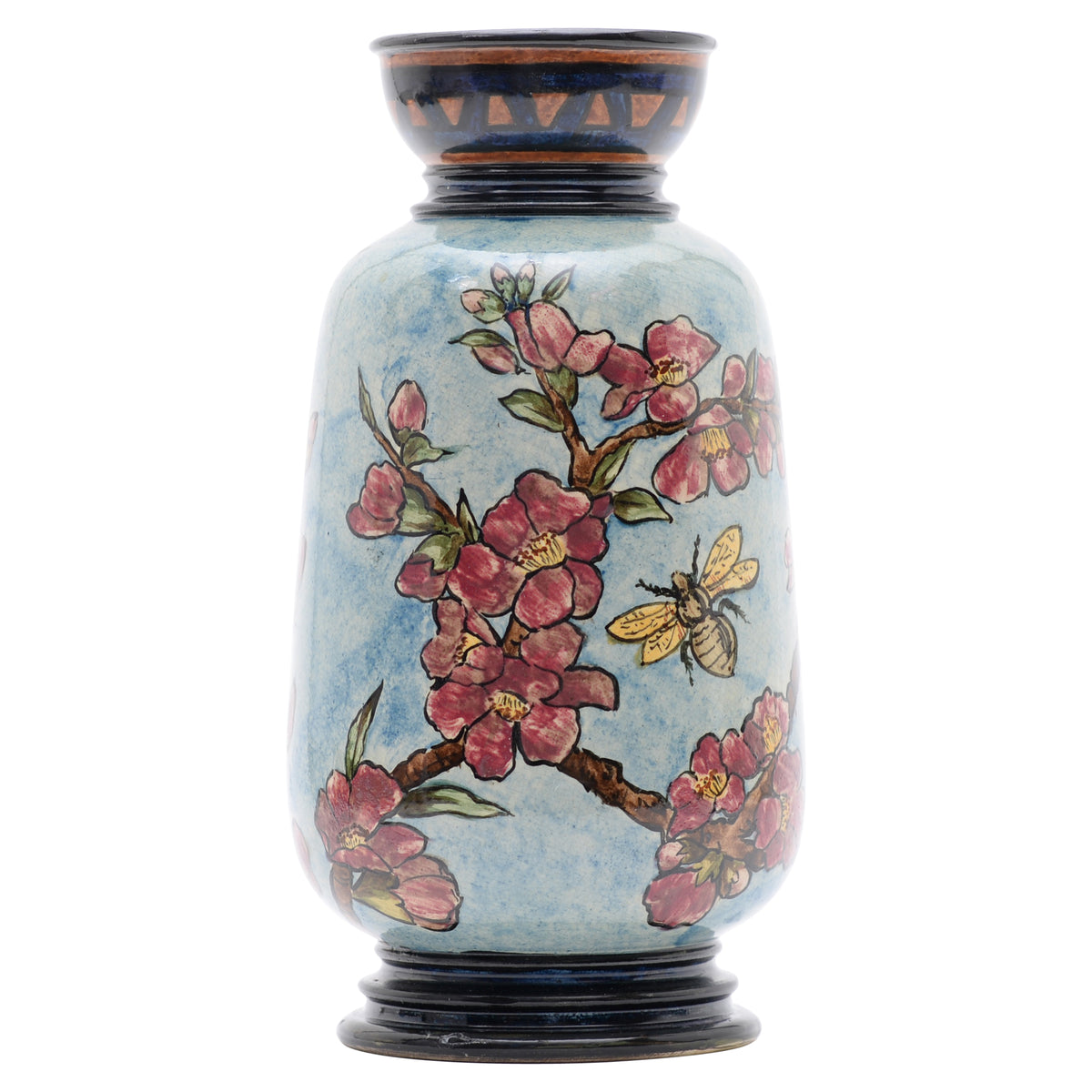 Vases,pair,bumblebee,faience,8", blue/green background,rose colored flowers,