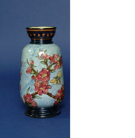 Vases,pair,bumblebee,faience,8", blue/green background,rose colored flowers,