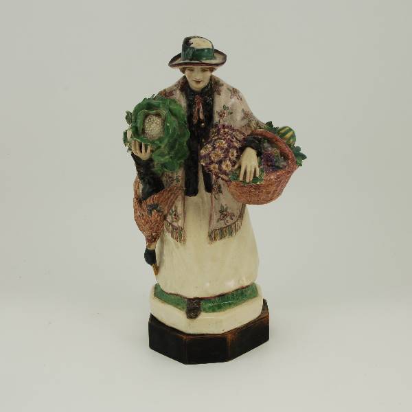 Lady,floral scarf,long dress,tied cardigan,hat,basket of fruit/veg's, cauliflowers/duck in arm,cv influen