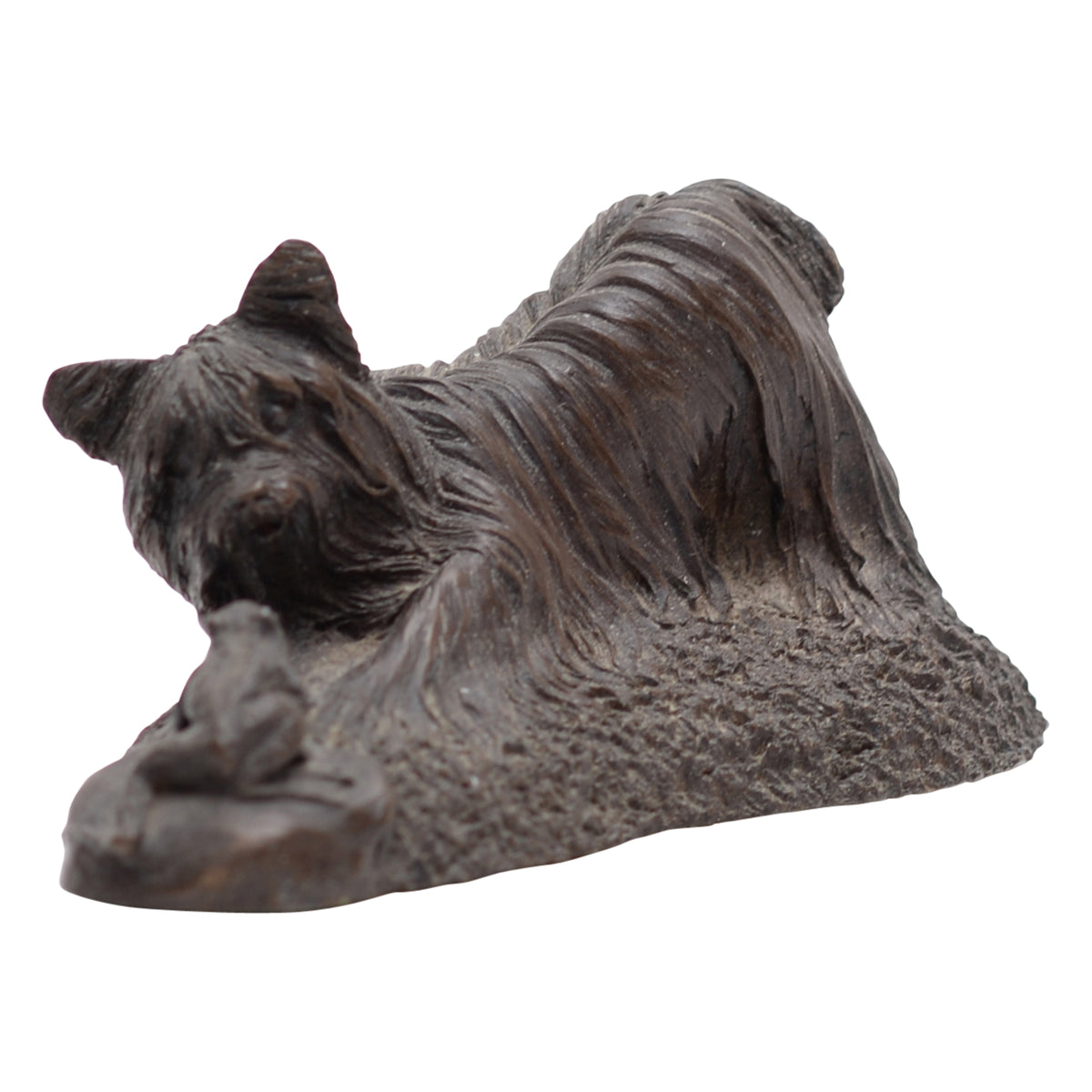Yorkshire Terrier with frog bronze figurine