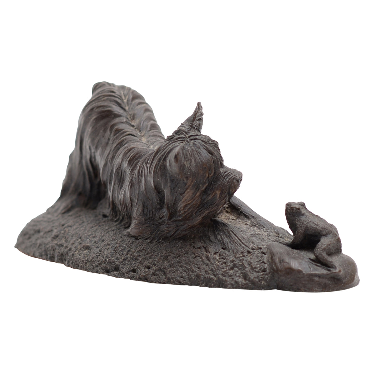 Yorkshire Terrier with frog bronze figurine
