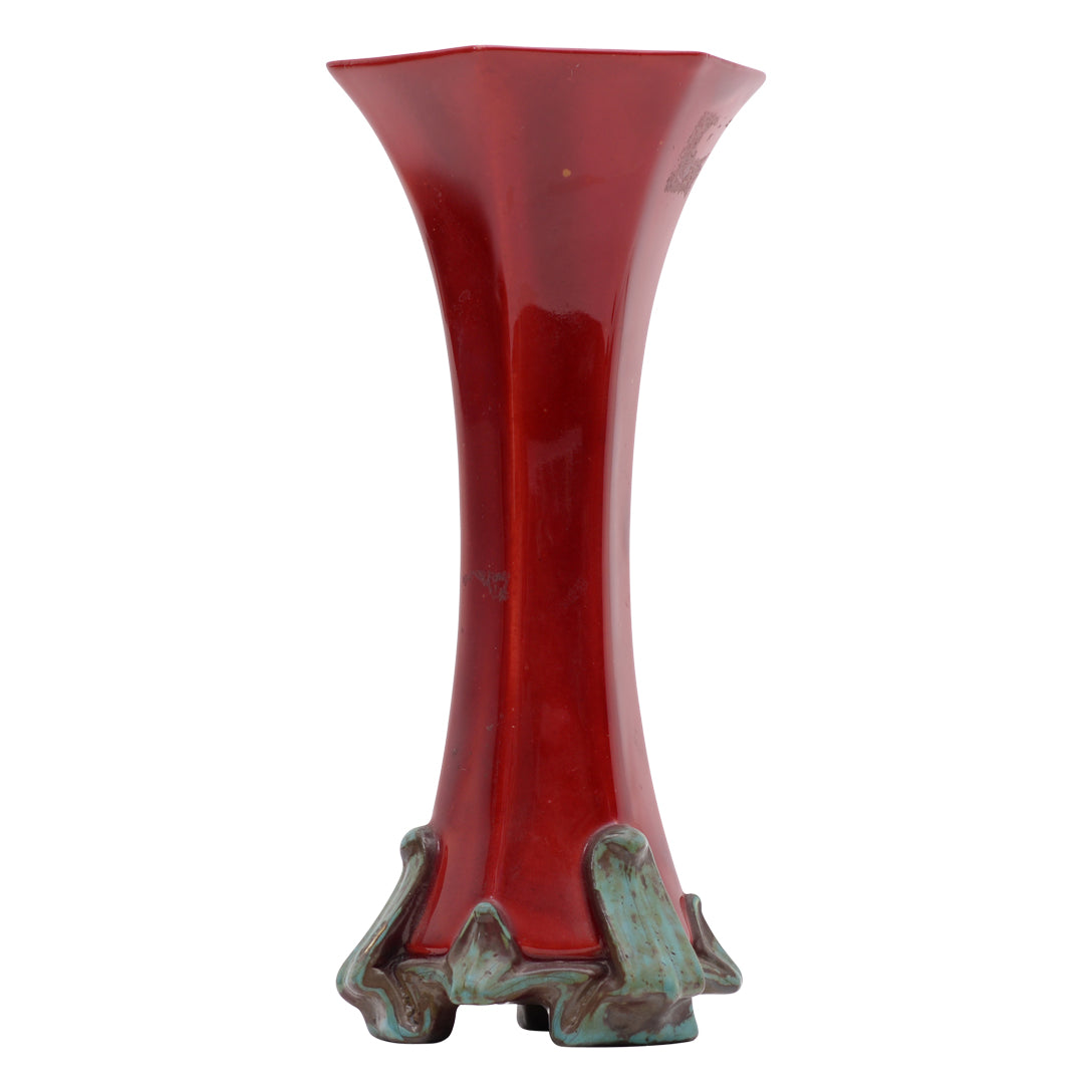Sol au fleur,six part flat sided trumpet shape flambe vase on four footed base,