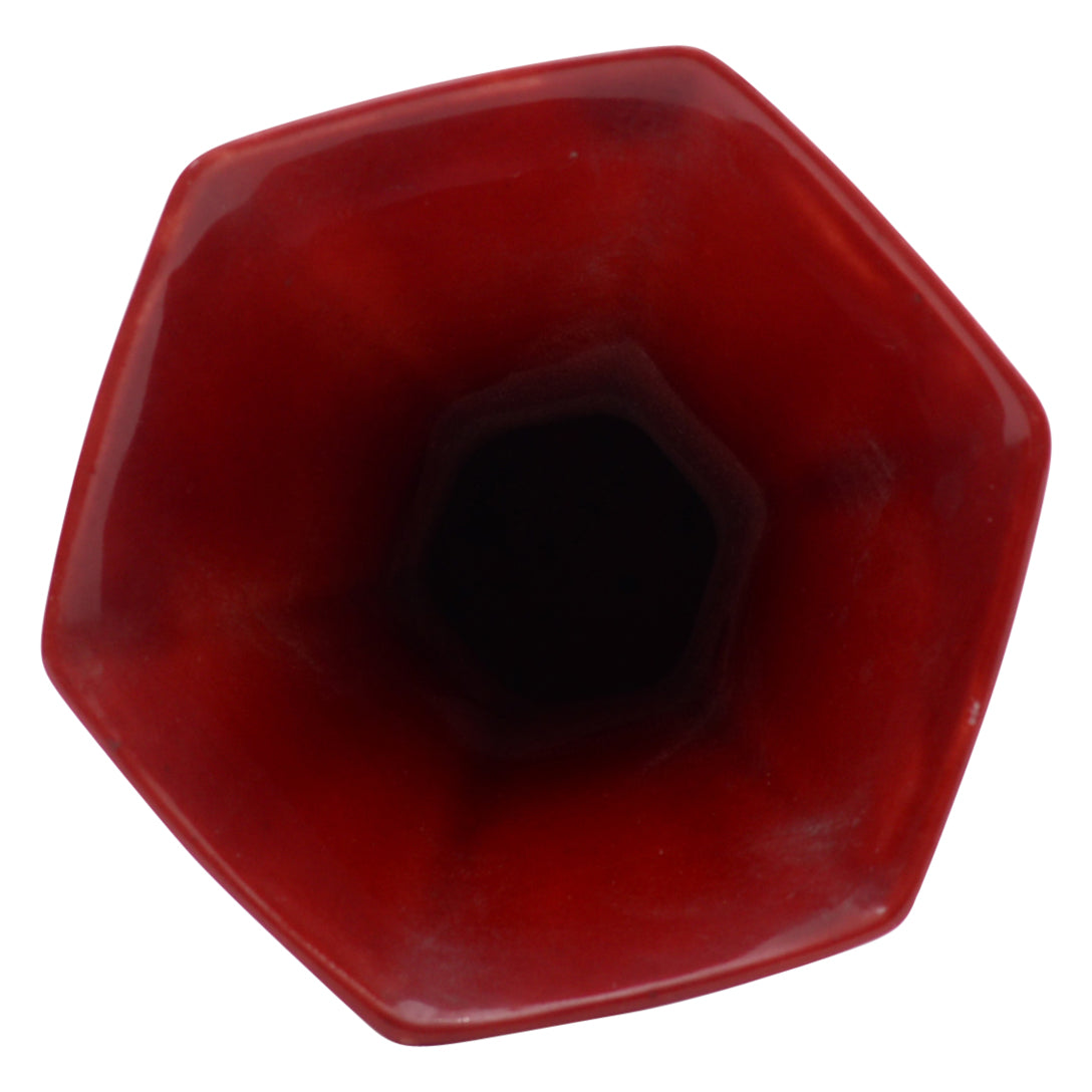 Sol au fleur,six part flat sided trumpet shape flambe vase on four footed base,