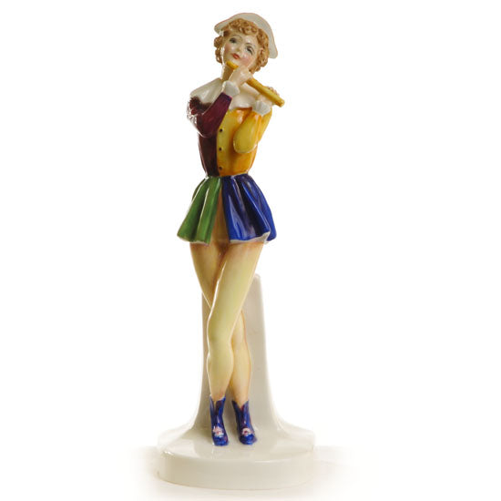 Prototype,deco figure,white hat and ruffled collar,4 part/color yel/grn purple/blue,playing yellow flute,