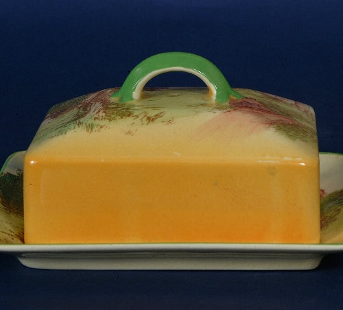 Butter dish w/cover,country scene, 6" long,