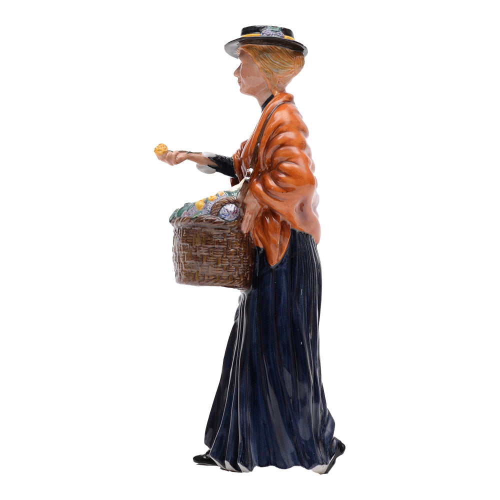 Prototype,flower vendor,black hat w yel band,org shawl,offers yel rose, basket of multi flowers,blue dress,