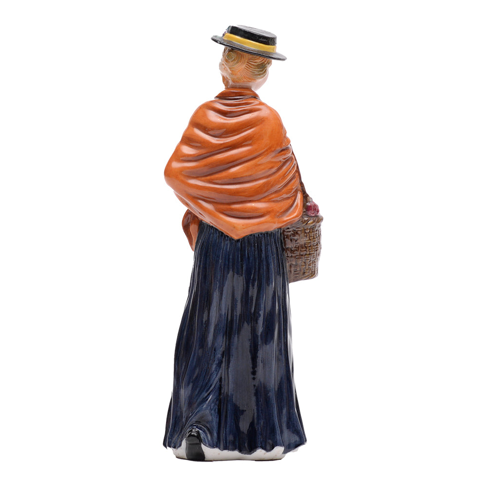 Prototype,flower vendor,black hat w yel band,org shawl,offers yel rose, basket of multi flowers,blue dress,