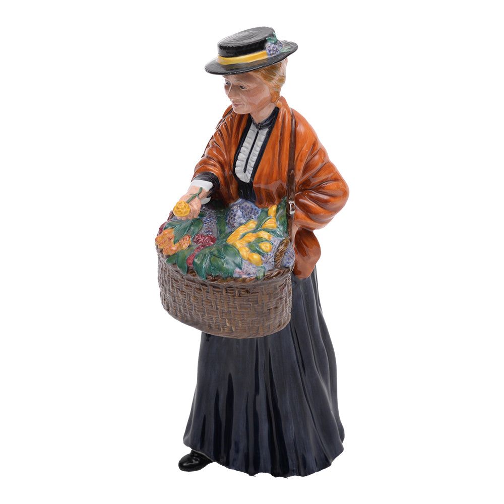 Prototype,flower vendor,black hat w yel band,org shawl,offers yel rose, basket of multi flowers,blue dress,