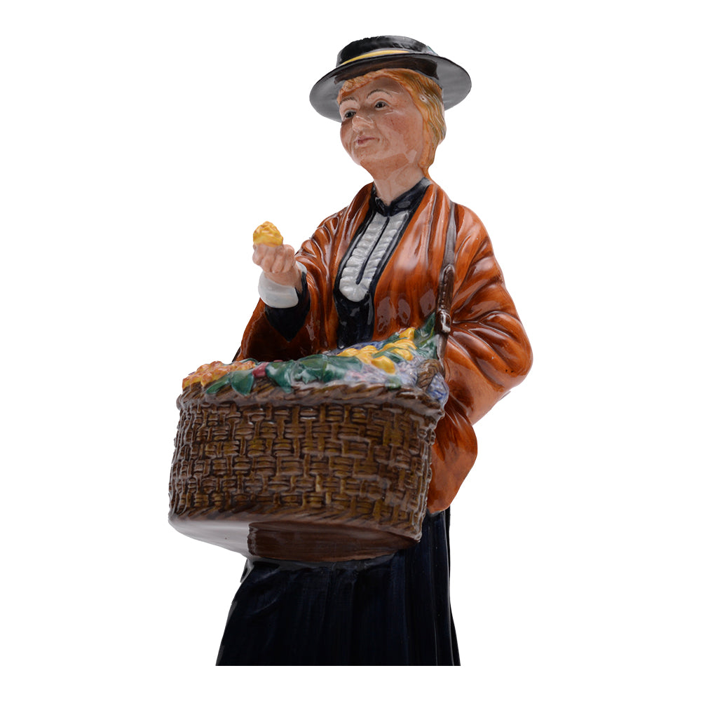 Prototype,flower vendor,black hat w yel band,org shawl,offers yel rose, basket of multi flowers,blue dress,