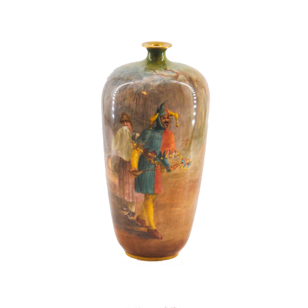 Beautifully hand-painted royal doulton burslem vase. signed by walter nunn. circa 1891. 
titled "as you like it. touchstone and audrey" - "salutation