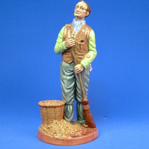 Prototype,gardener sweeping,#1 of 3 broom in hand,pail at feet, blue scarf,brown waistcoat,grn shir