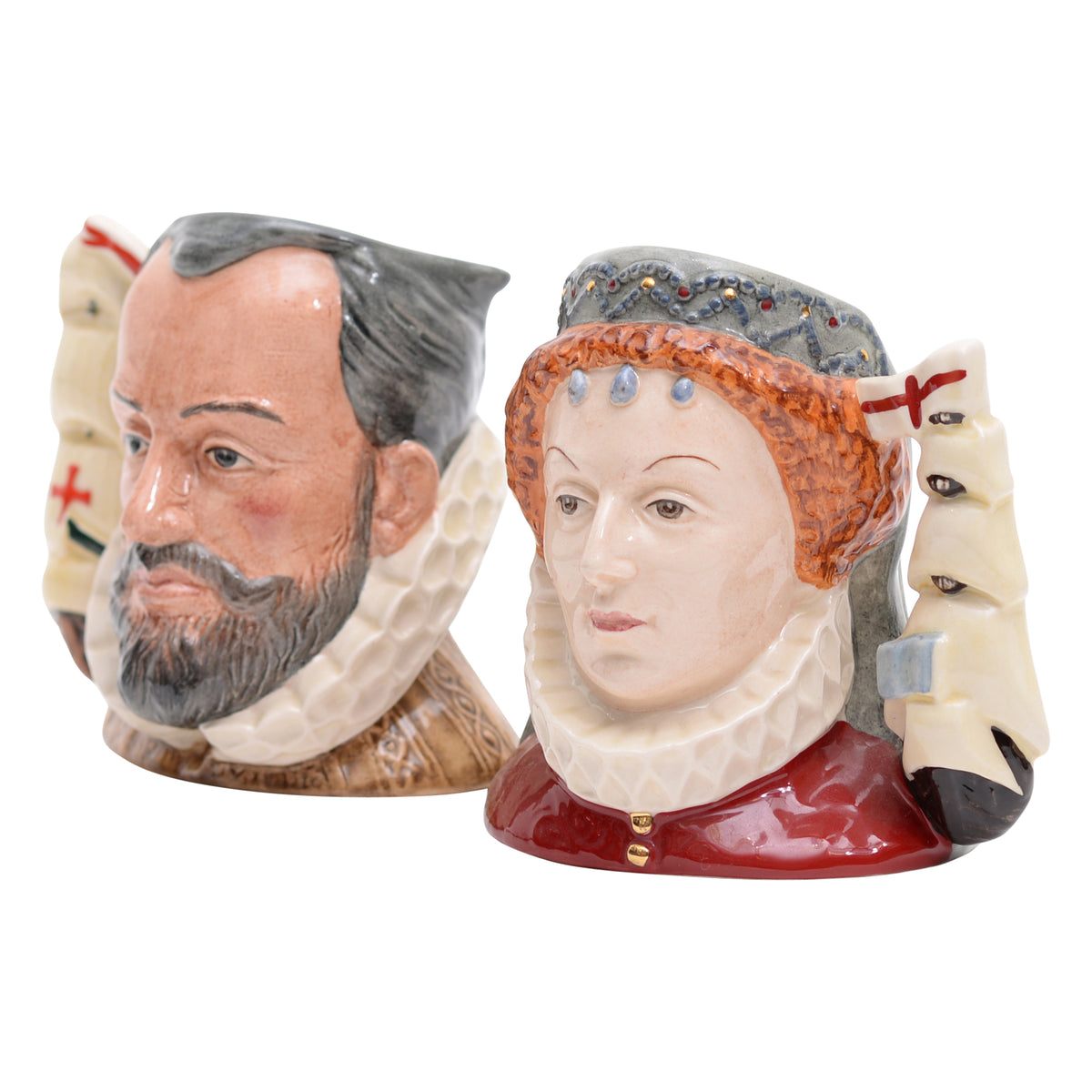 Pair of King Philip II & Queen Elizabeth I character jugs