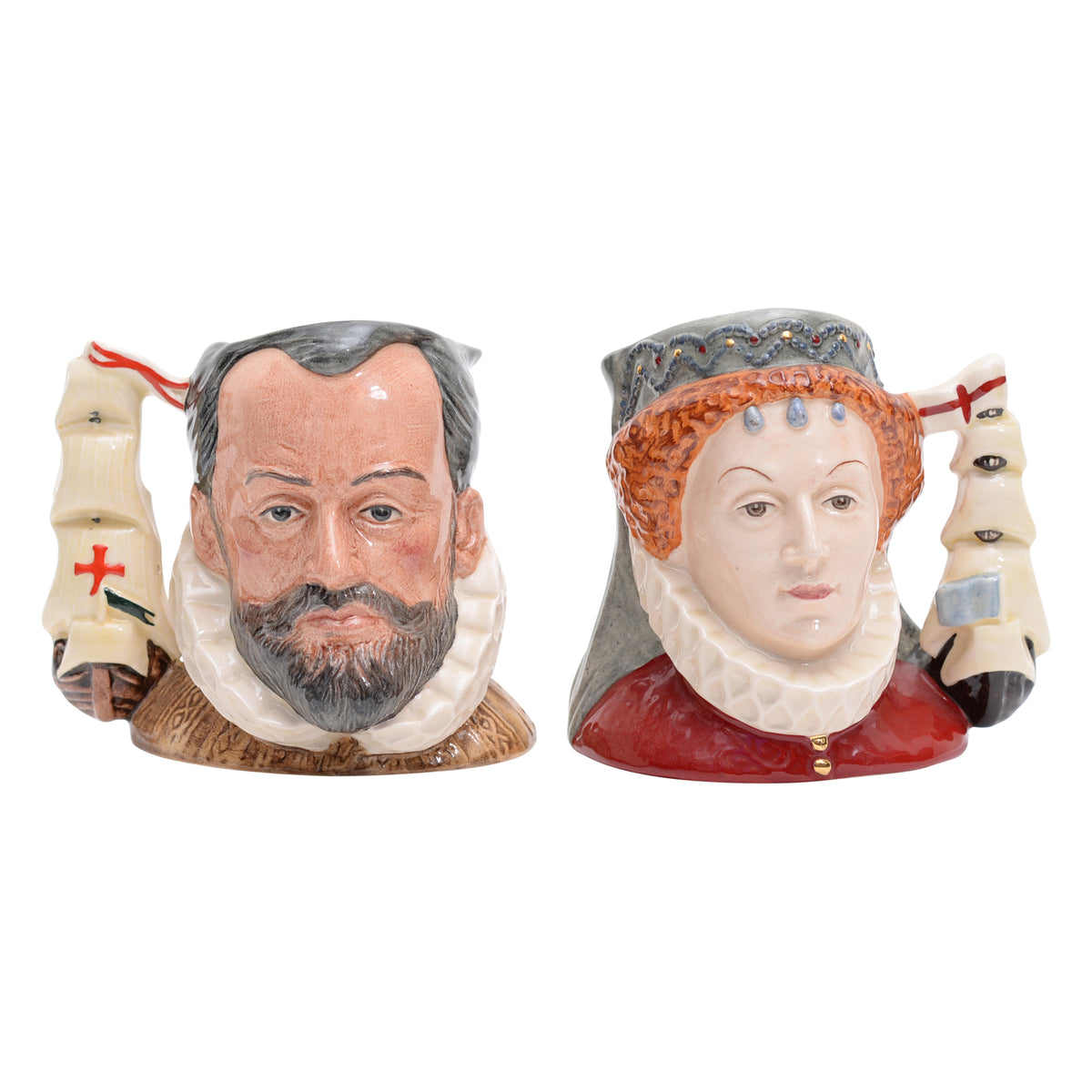 Pair of King Philip II & Queen Elizabeth I character jugs