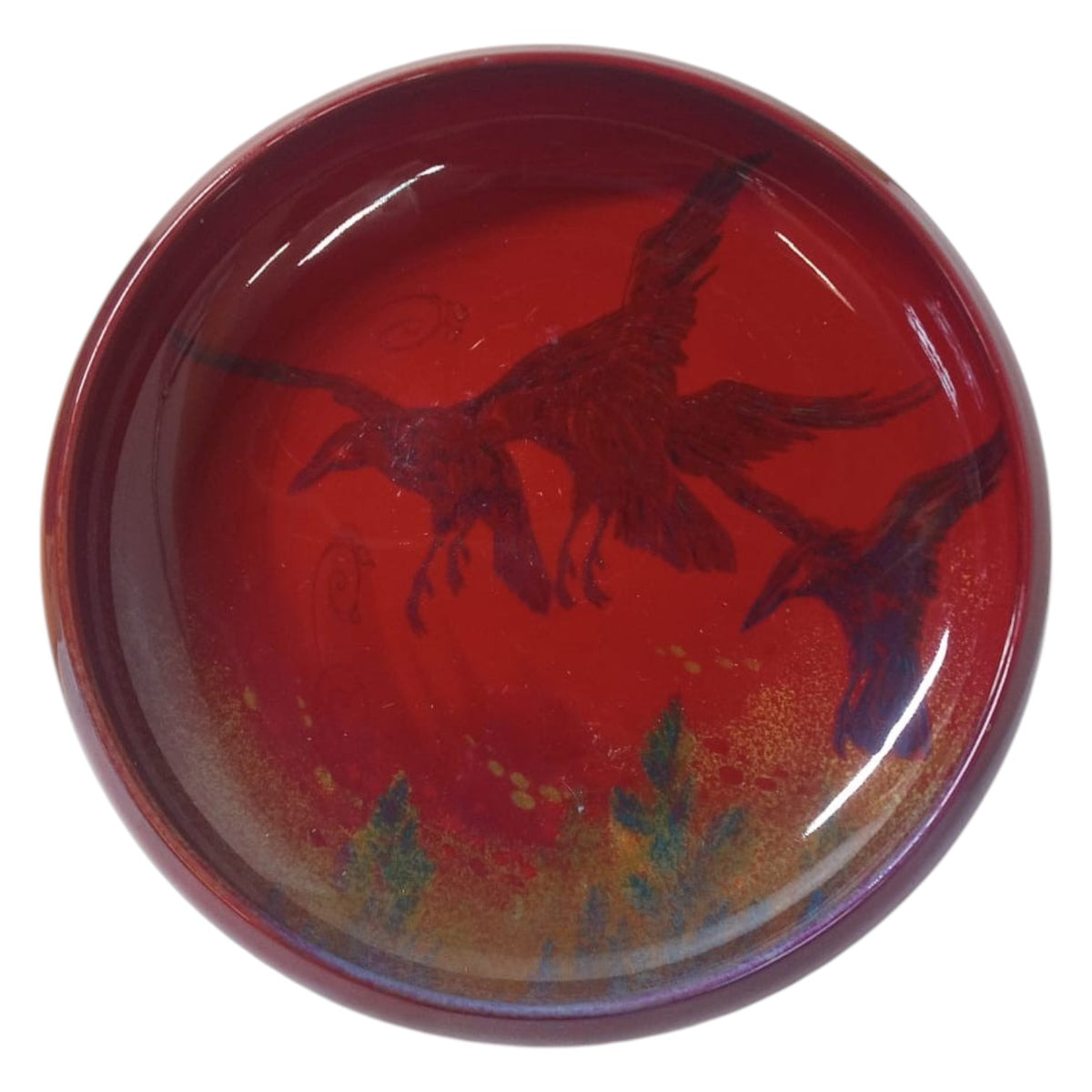 Royal doulton sung flambe bowl featuring ravens. circa 1930. 10 inches in diameter.
