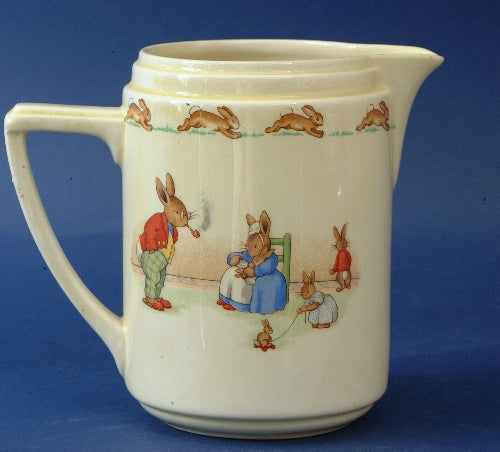 Milk jug,bunnykins,casino,restored, 5.25&quot;,bunny wedding,mother feeds baby bottle w/family in background,