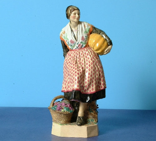 Lady with pumpkin,joyce bidder &amp; daisy bourne,basket flowers,large wht/flower collar,red/wht apron,