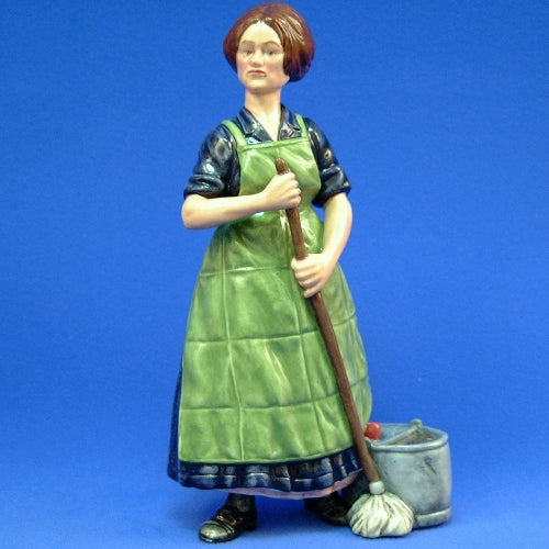 Prototype,lady w/mop,#1 of 3,green apron,blue outfit,black shoes,pail beside lady with mop in hand,
